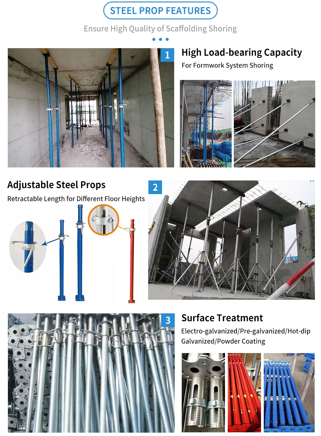 Galvanized Adjustable Steel Scaffolding Shoring Telescopic Props for Aluminum Formwork